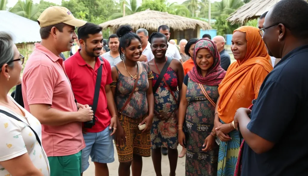 Tourists interacting respectfully with local Nauruans in a community setting