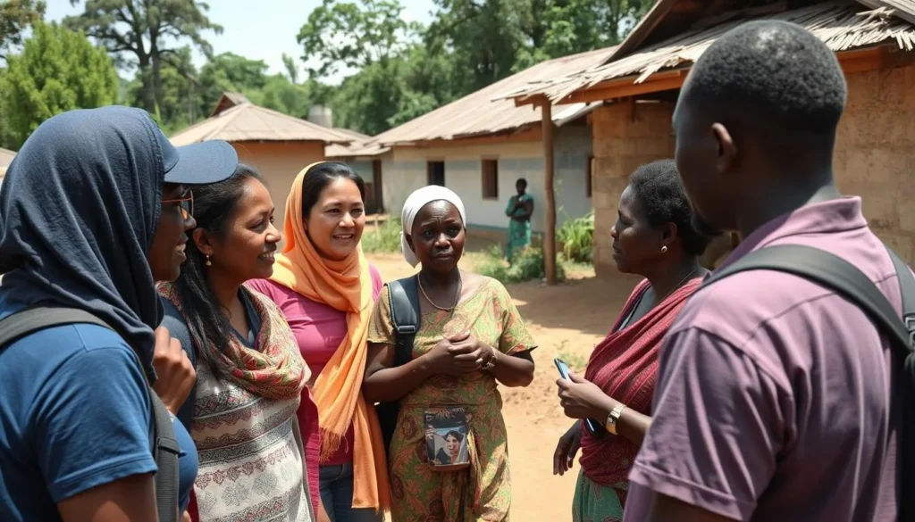 Tourists interacting respectfully with local Ugandans in a village near Jinja