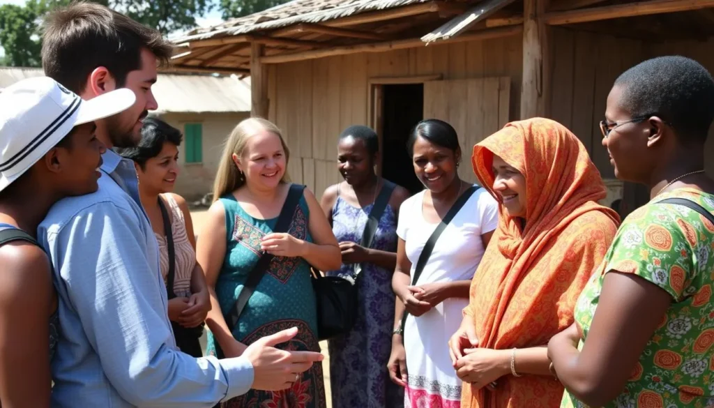 Tourists interacting respectfully with local community members in Mahaica