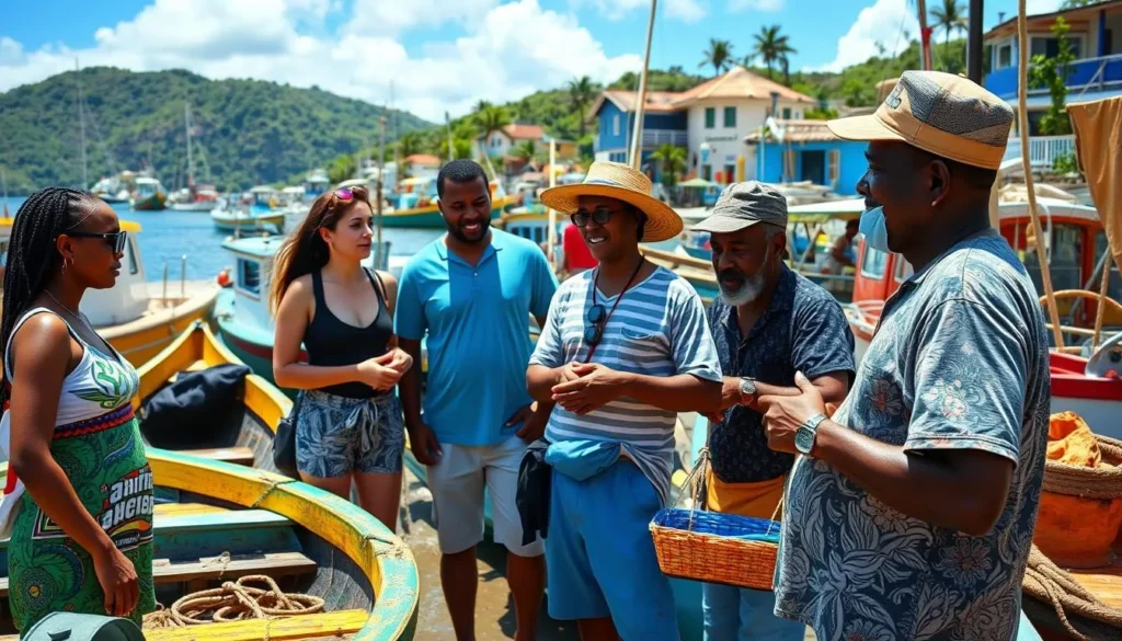 Tourists interacting respectfully with local fishermen in Laborie, learning about traditional fishing methods