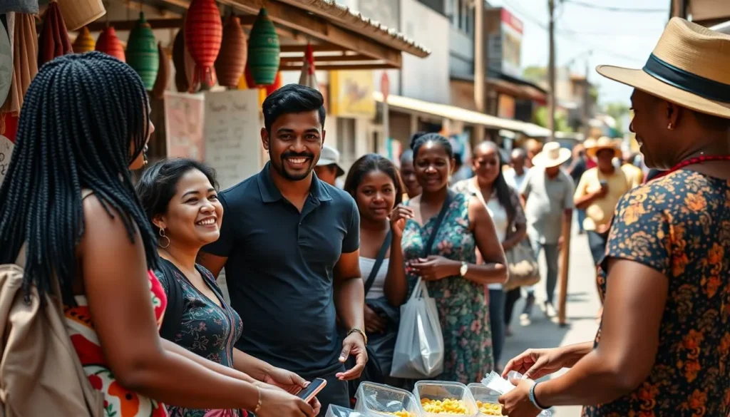 Tourists interacting respectfully with local residents in New Amsterdam market