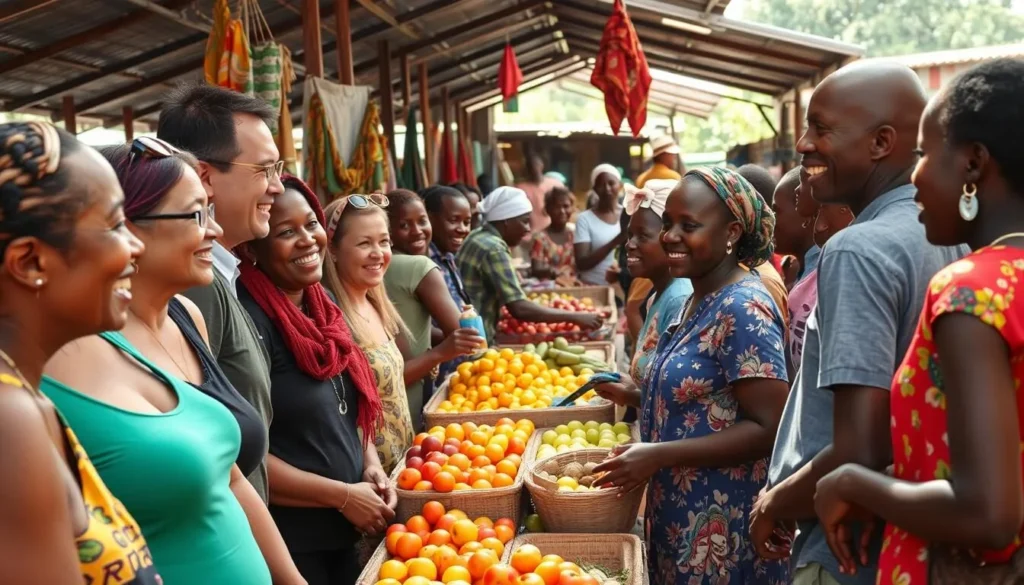 Tourists interacting with friendly local Ugandans in Entebbe market