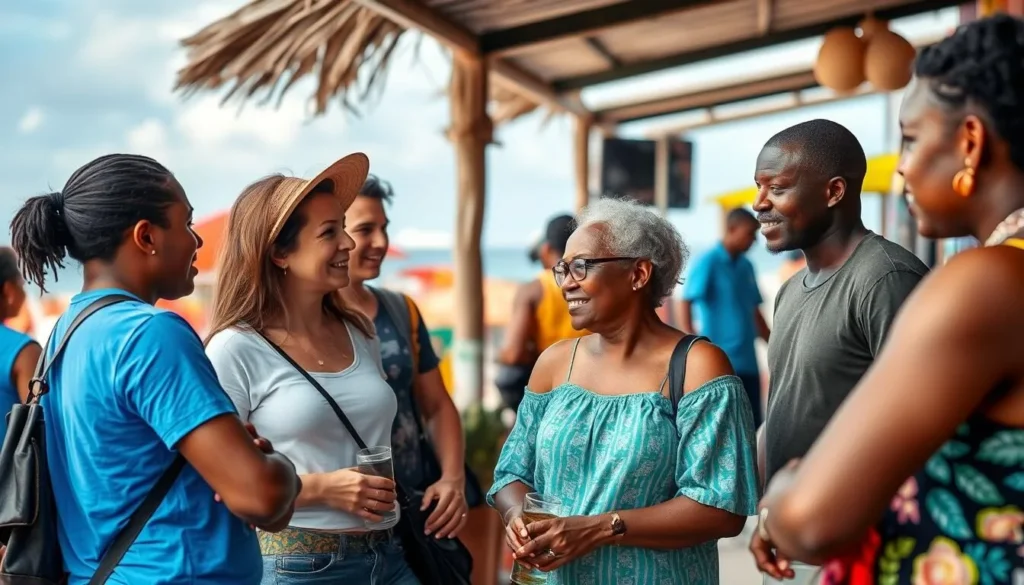 Tourists interacting with friendly locals in Little Bay, Montserrat
