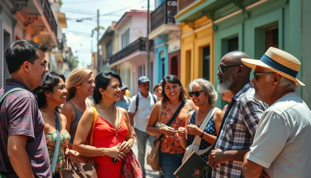 Tourists interacting with friendly locals in Matanzas, showcasing Cuban hospitality