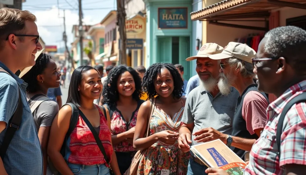 Tourists interacting with local Haitian guides in Pétionville