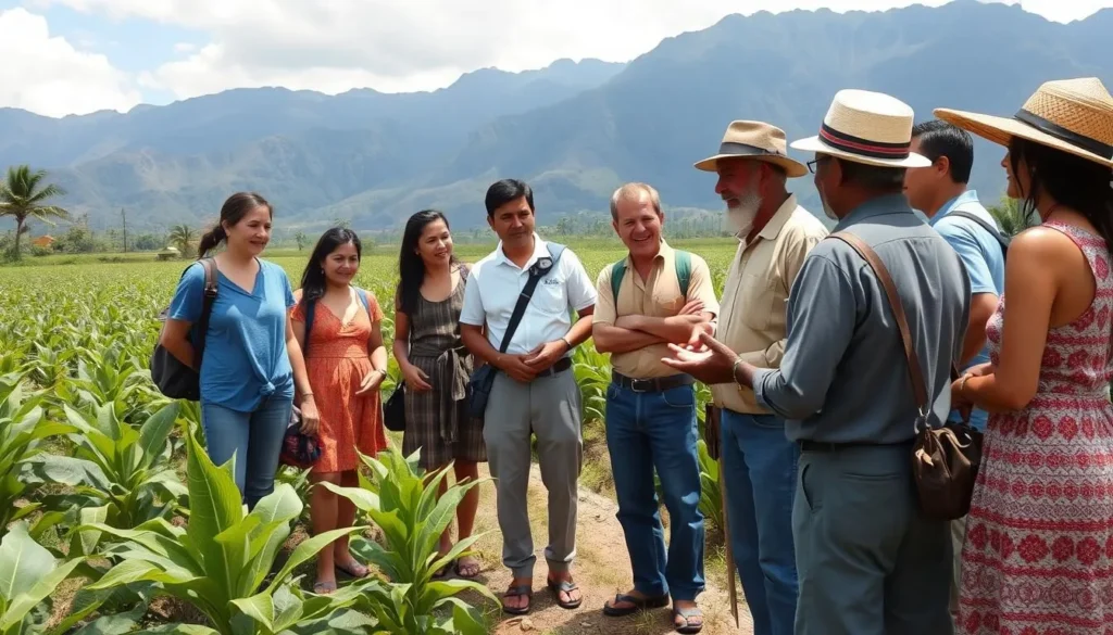 Tourists interacting with local farmers in a tobacco field in Viñales, learning about traditional farming methods