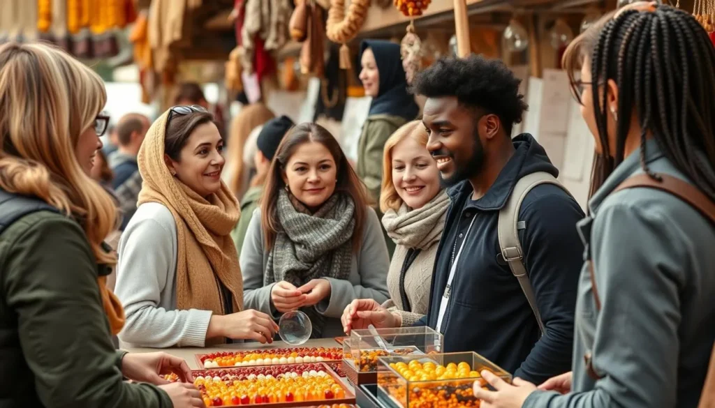 Tourists interacting with local vendors at a Kaliningrad market