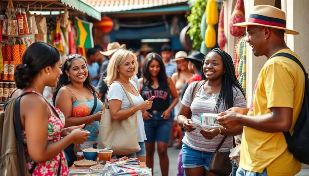 Tourists interacting with locals at a market in St. Martin Tourists interacting with locals at a market in St. Martin