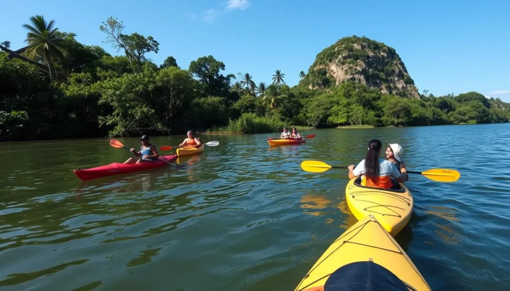Tourists kayaking around Tiger Island in the Essequibo River with lush shoreline visible
