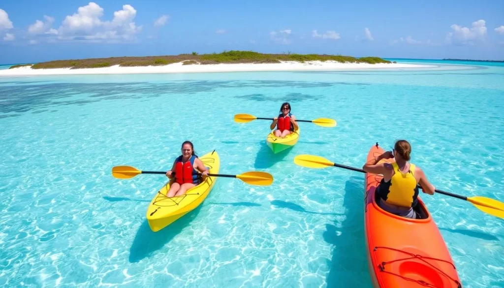 Tourists kayaking in the clear waters around Fort George Cay