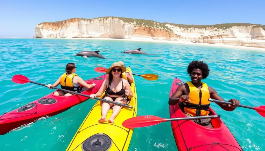 Tourists kayaking near Double Island Point with dolphins swimming nearby
