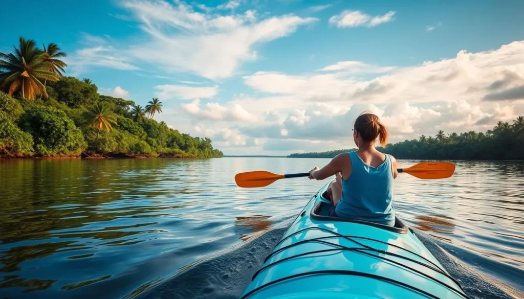 Tourists kayaking on the Essequibo River near Sloth Island Nature Resort