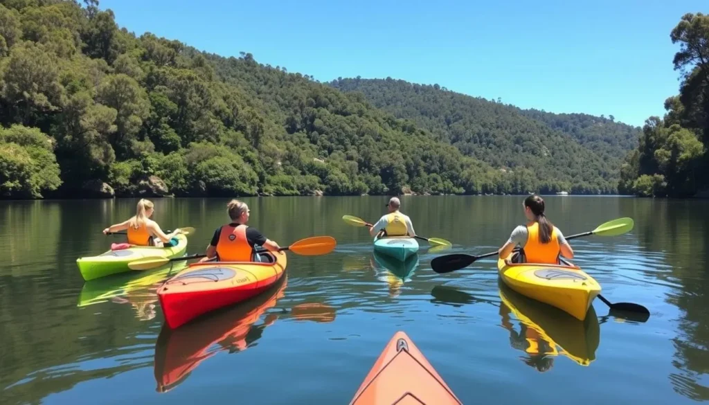 Tourists kayaking on the Pieman River in Corinna Tasmania