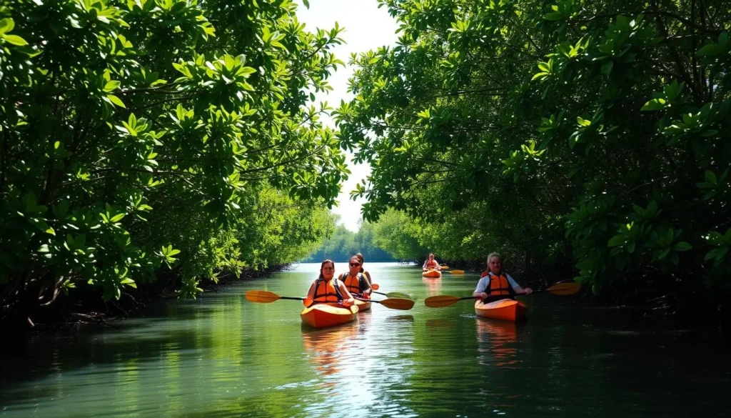 Tourists kayaking through mangrove forests near Palikir