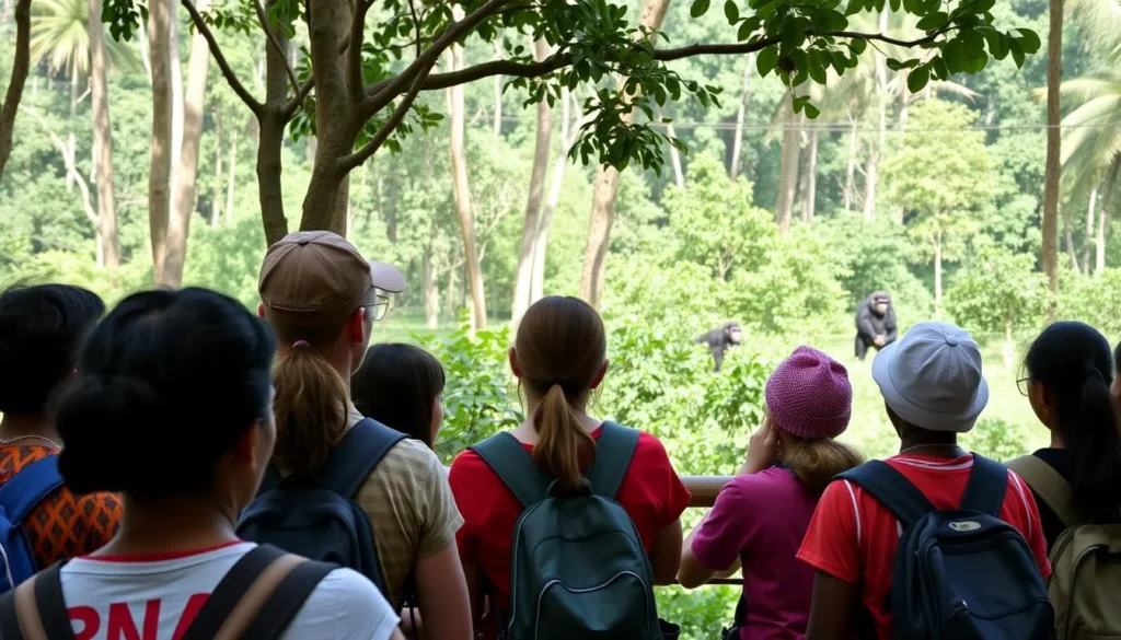 Tourists observing chimpanzees at Ngamba Island Chimpanzee Sanctuary Tourists observing chimpanzees at Ngamba Island Chimpanzee Sanctuary