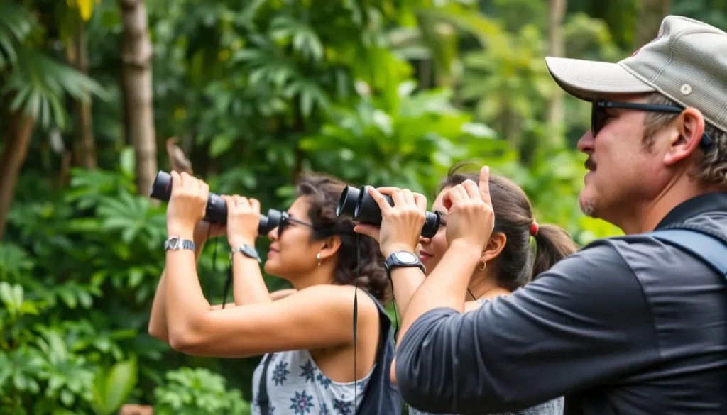 Tourists observing colorful birds during a guided birdwatching tour at Sloth Island Nature Resort