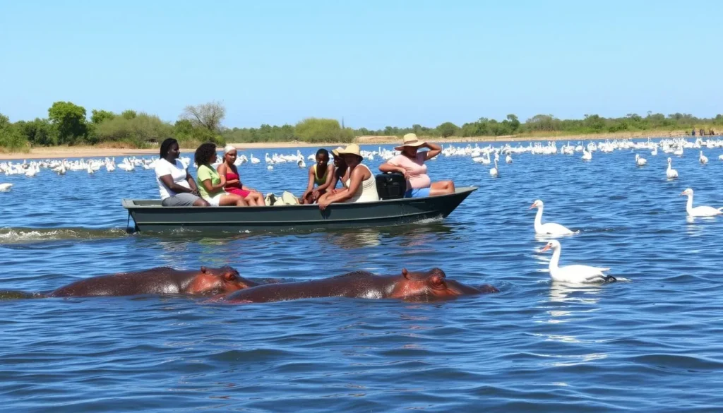 Tourists on a boat safari on Lake Mburo observing hippos and waterbirds