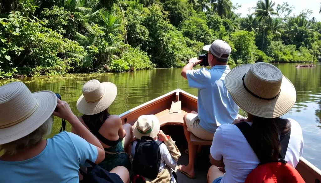 Tourists on a boat tour of the Essequibo River spotting wildlife with their guide Tourists on a boat tour of the Essequibo River spotting wildlife with their guide