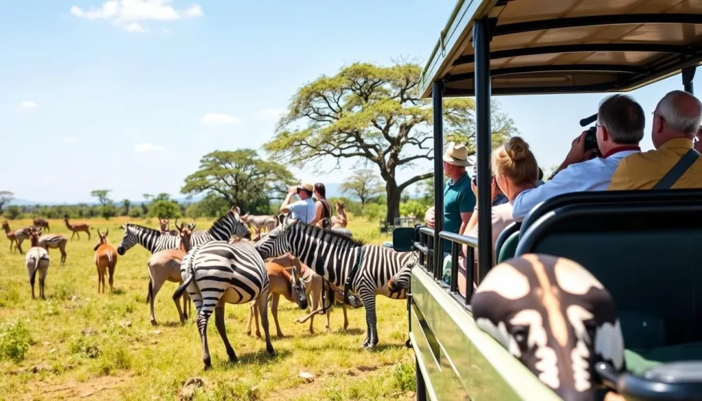 Tourists on a game drive observing zebras and impalas in Lake Mburo National Park