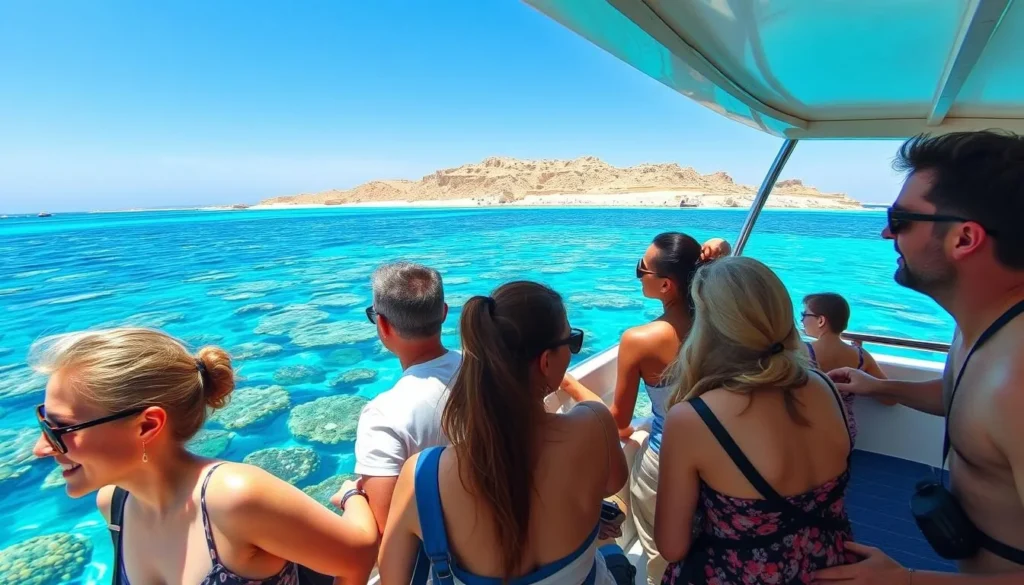 Tourists on a glass-bottom boat tour viewing coral reefs in Sharm El-Sheikh with perfect visibility