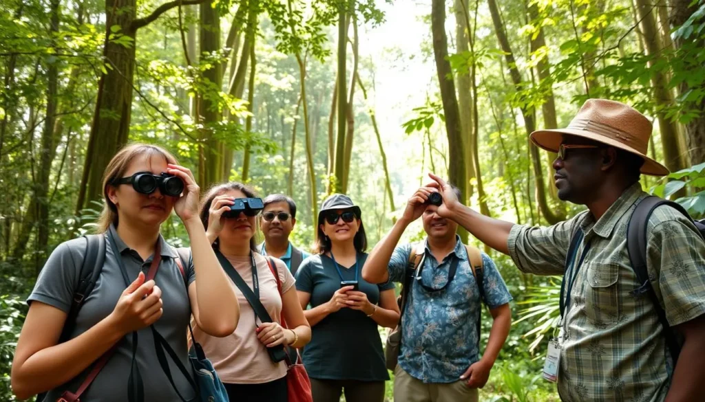 Tourists on a guided forest walk in Semuliki National Park spotting wildlife