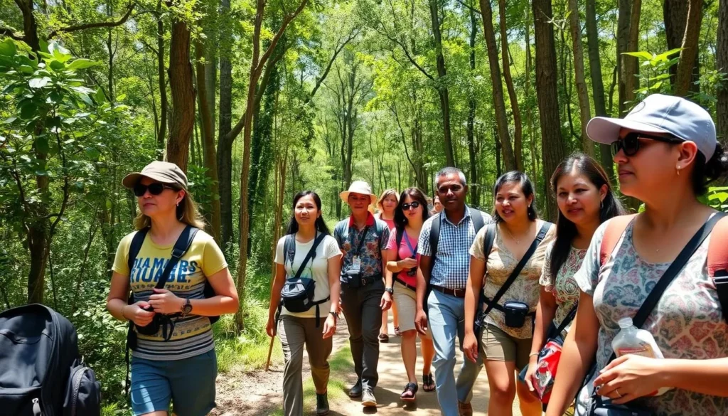 Tourists on a guided nature walk through Semuliki National Park with a local guide