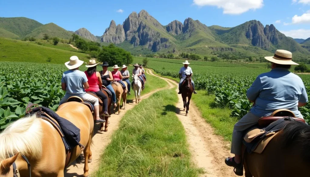 Tourists on a horseback riding tour through the Valle de Vinales countryside with mogotes in the background