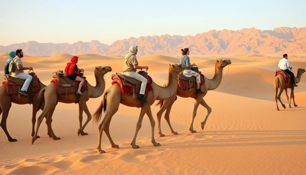 Tourists on camel safari in Sinai desert near Sharm El-Sheikh during comfortable weather