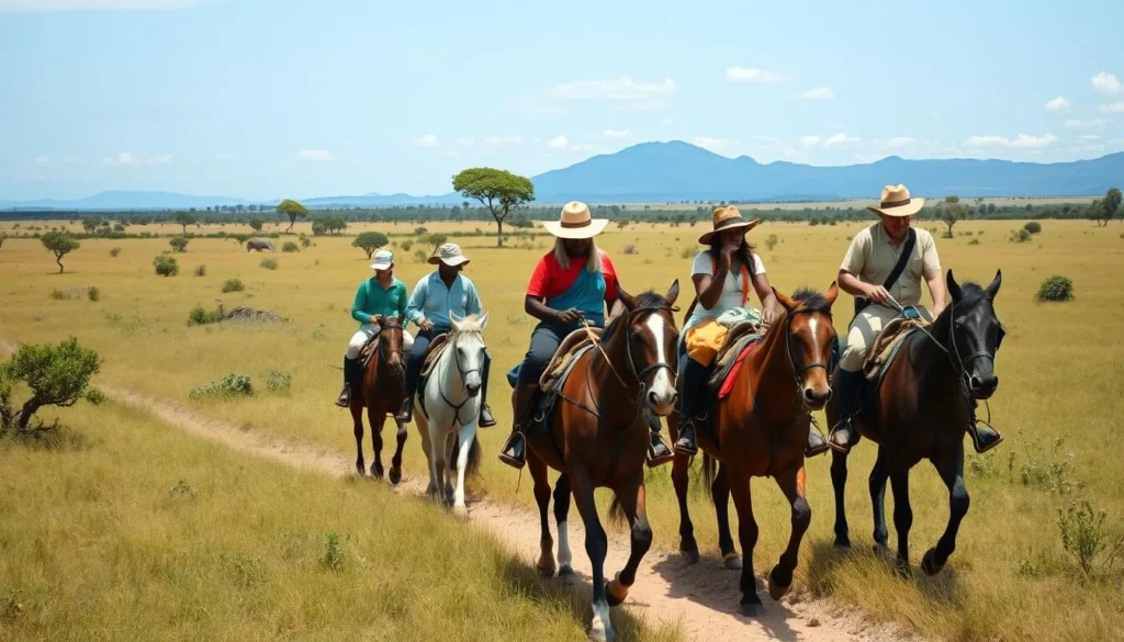 Tourists on horseback riding through the Rupununi Savannah with a local guide leading the way