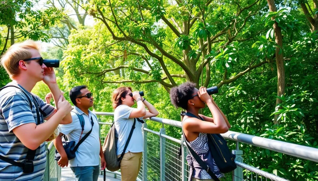 Tourists on the Iwokrama Canopy Walkway observing birds in the forest canopy Tourists on the Iwokrama Canopy Walkway observing birds in the forest canopy