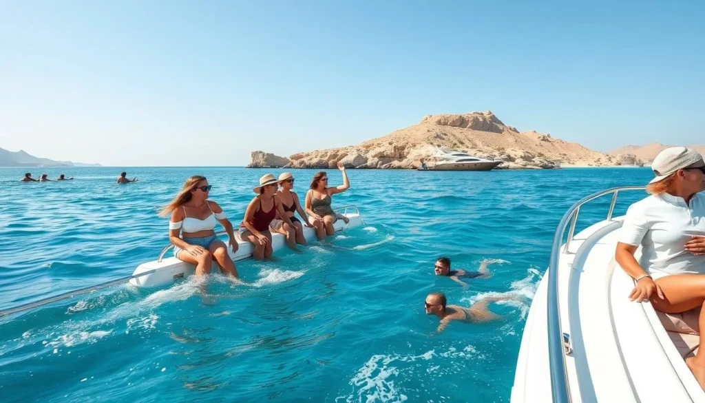 Tourists on yacht excursion near Tiran Island in Sharm El-Sheikh during perfect weather