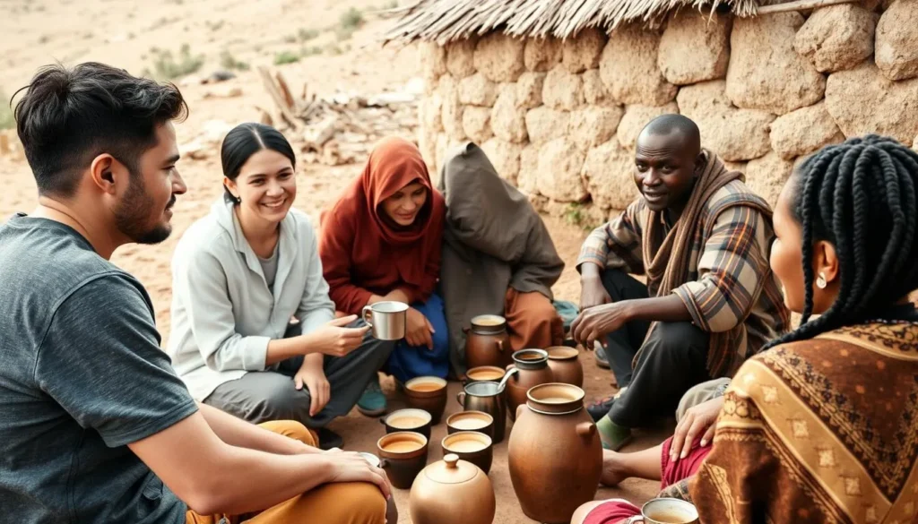 Tourists participating in a traditional Ethiopian coffee ceremony near Simien Mountains National Park Ethiopia