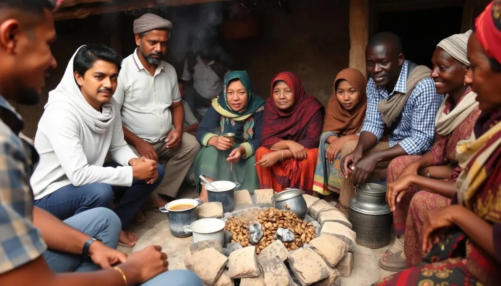 Tourists participating in a traditional Ethiopian coffee ceremony with local community members near Mount Abuna Yosef