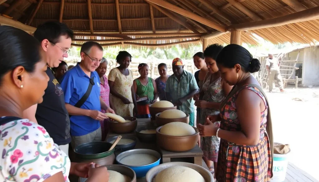 Tourists participating in a traditional cassava bread making demonstration