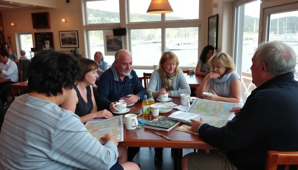 Tourists planning their day at a cafe in Whitianga, Coromandel Peninsula