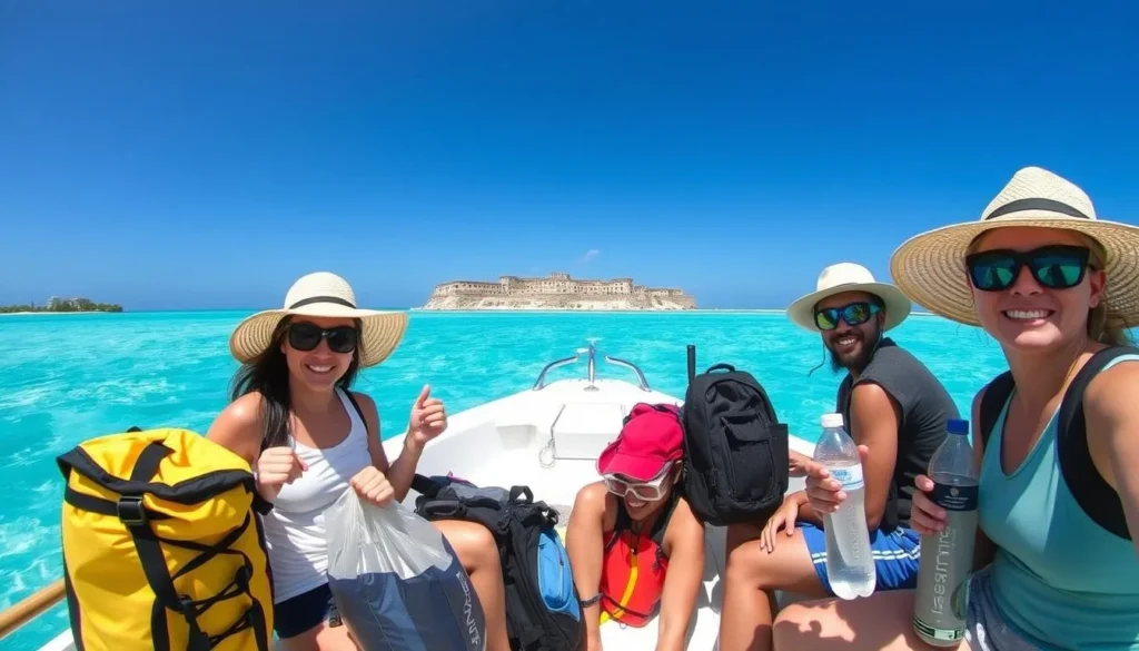 Tourists prepared for a day trip to Fort George Cay with proper gear and supplies