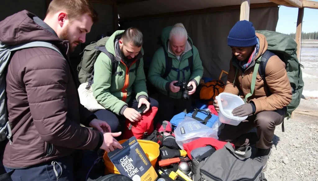 Tourists preparing equipment and supplies for a Lake Verkhne-Olkhonskoye expedition Tourists preparing equipment and supplies for a Lake Verkhne-Olkhonskoye expedition
