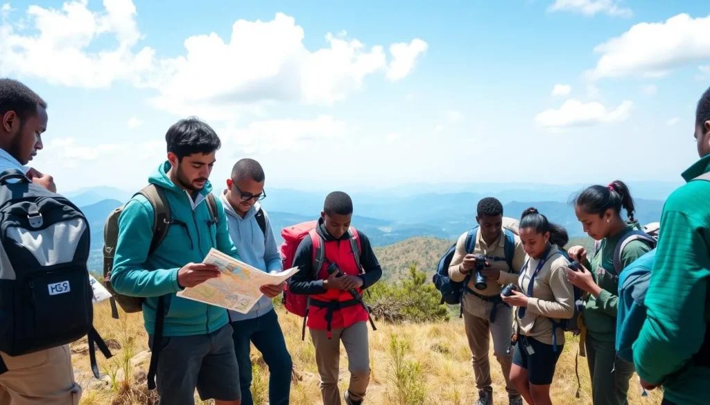 Tourists preparing equipment and supplies for a day of exploration in Bale Mountains