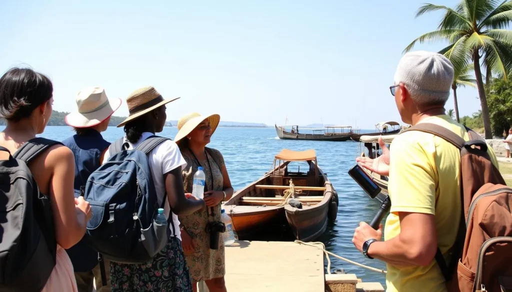 Tourists preparing for a boat trip to Halie Mariam Island with proper gear and supplies Tourists preparing for a boat trip to Halie Mariam Island with proper gear and supplies