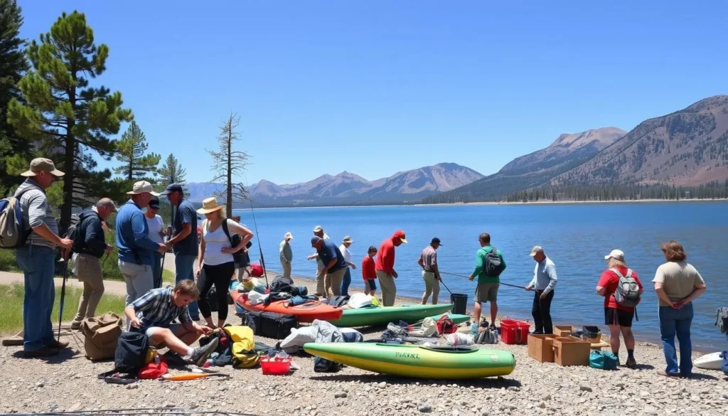 Tourists preparing for a day at Eagle Nest Lake with proper gear and supplies Tourists preparing for a day at Eagle Nest Lake with proper gear and supplies
