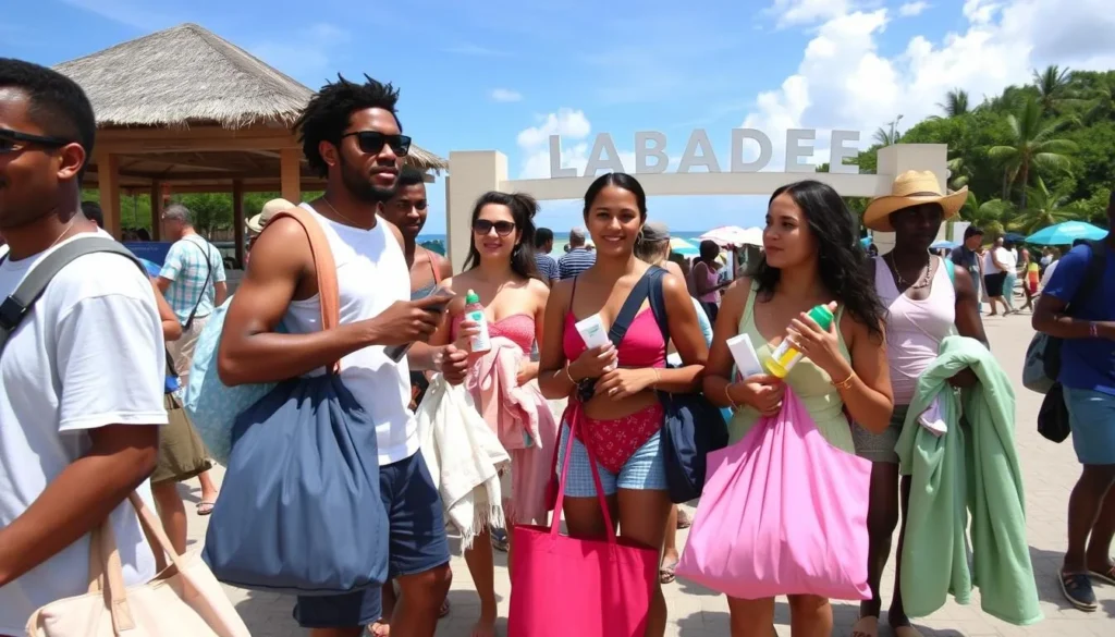 Tourists preparing for a day at Labadee with beach bags, towels, and sun protection