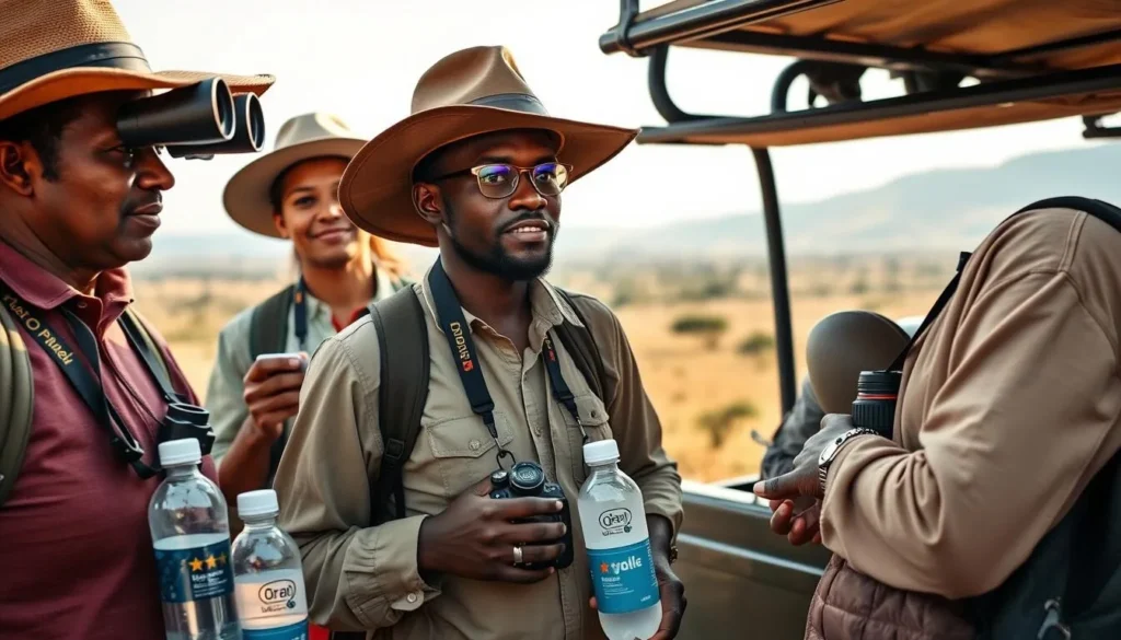 Tourists preparing for a day in Geraille National Park with proper equipment and clothing