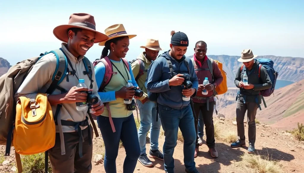 Tourists preparing for a day trip to Wonchi Crater Lake Ethiopia with proper equipment
