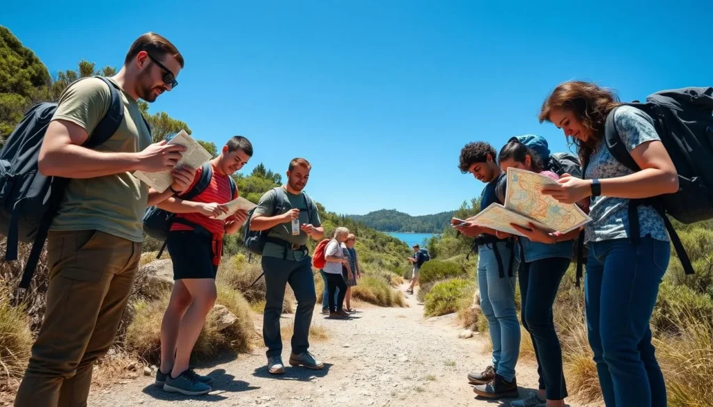 Tourists preparing for a hike at the Abel Tasman National Park entrance