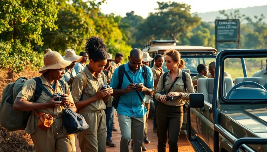 Tourists preparing for safari in Murchison Falls National Park Uganda Tourists preparing for safari in Murchison Falls National Park Uganda