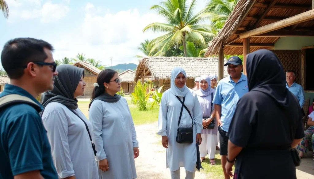 Tourists respectfully dressed while visiting a local village near Palikir