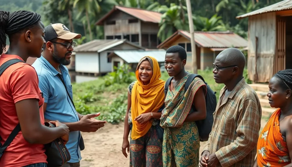 Tourists respectfully interacting with local Guyanese residents near Lake Mainstay