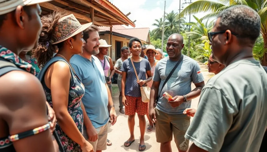 Tourists respectfully interacting with local residents in Mabaruma