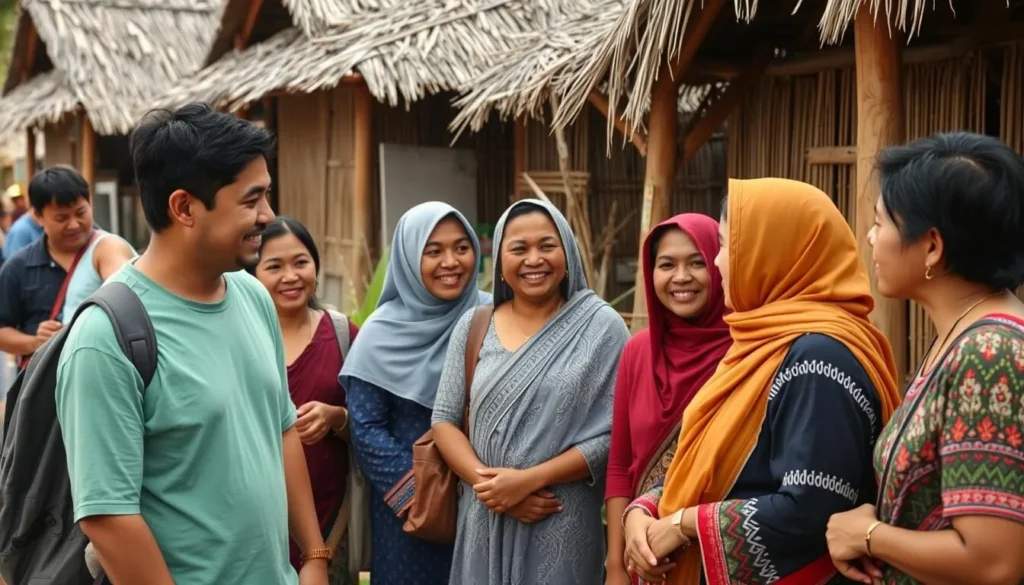 Tourists respectfully interacting with local residents in a Balut Island village