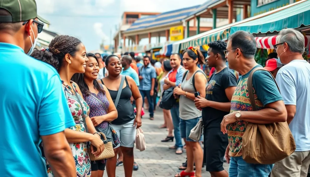 Tourists respectfully interacting with locals at a market in St. Martin Tourists respectfully interacting with locals at a market in St. Martin